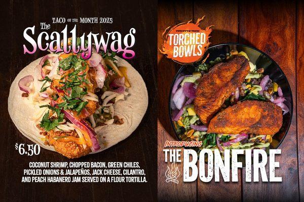 Coconut shrimp, bacon, green chiles, pickled onions, jack cheese, cilantro, and scratch-made peach habanero jam on a flour tortilla