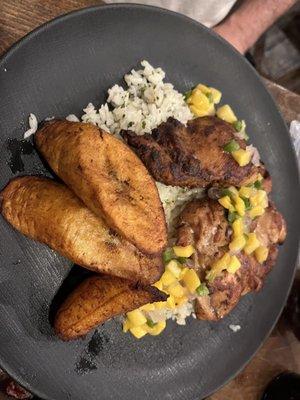 jerk chicken, plaintains, and rice
