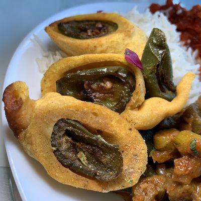 Cut Mirchi (Vegan): Crispy Chili Fritter stuffed with (extremely) Hot Peppers at their Weekend Lunch Buffet.