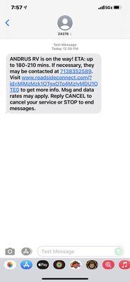 Text message telling me when he would be there!