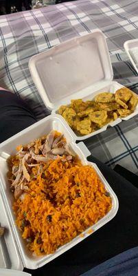 Baked chicken and rice with a side of fried plantains.