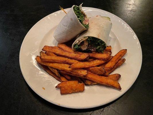 "Crunchy, Spicy Chicken Wrap" with Sweet Potato Fries