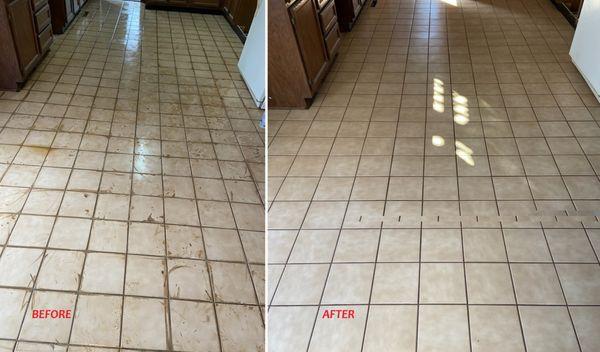 Before and After Images of Kitchen Tile and Grout Floor. January, 2025