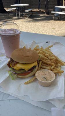 Cheese Burger, Fries and a Berry Milkshake