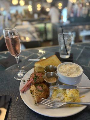 Salon croquet, eggs, cheese grits + toast