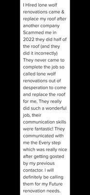 10/10 definitely recommend
Great Company they really helped me when I was in a huge bind from the last so called contractor!