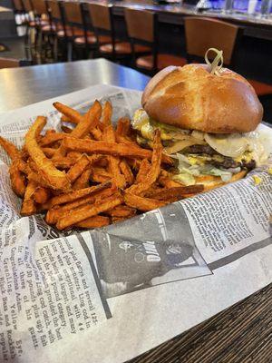 All American burger and sweet potato fries