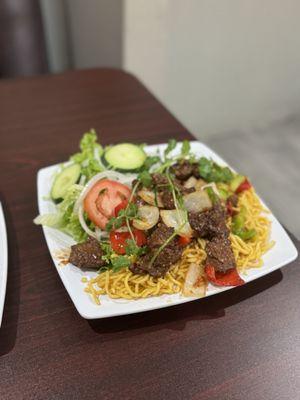 Shaken beef with garlic noodles