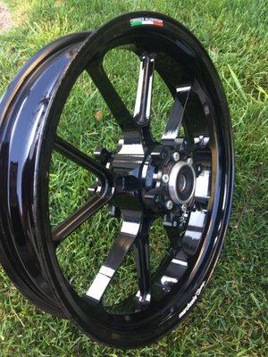 Marchesini Forged Motorcycle racing wheel powder coated black.