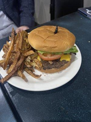 Cheeseburger and fresh cut fries.