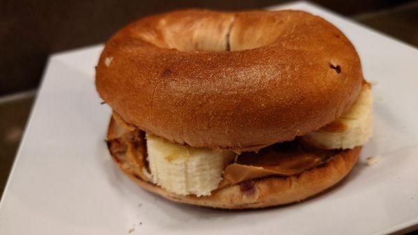 Self-assembled peanut butter and banana bagel!