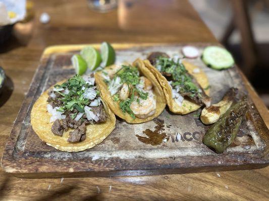 L to right Carne Asada, Shrimp, Ribeye tacos