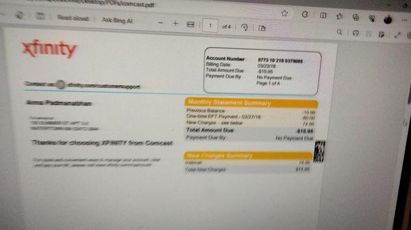 Annappoorani Padmanabhan Xfinity bill