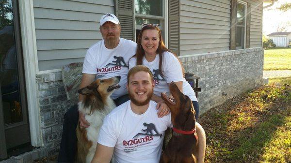 Family photo. From top left to bottom right: myself, my wife Laurie, my dog Satchie, my son Jonah, my son's dog Roscoe.