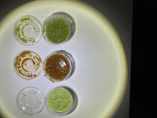 3 salsas. From top to bottom, verde, roja and Jalapeno