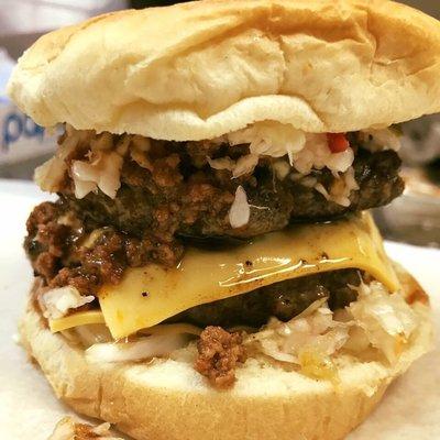 Double cheeseburger with homemade chili and homemade red slaw... So good!