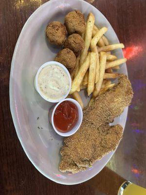 Catfish and chips with hush puppies (off menu special)