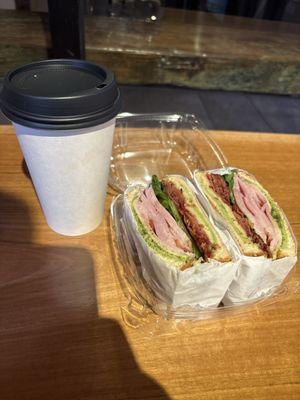 Caramel hot coffee with a delicious ham BLT!