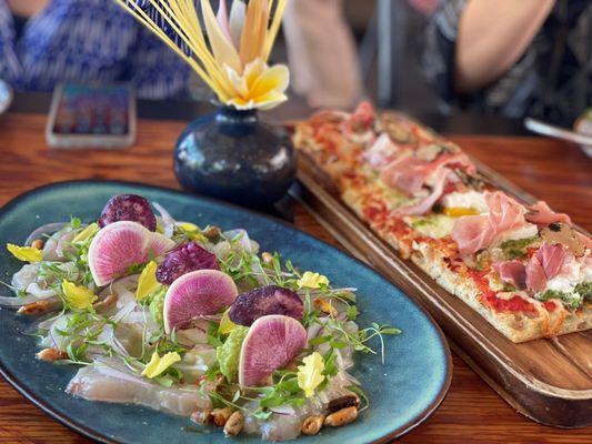 Ceviche and a flat bread with Truffles