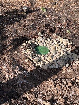 5th Photo: Closeup of the most distant rock circle, which is the Pop-Up Emitter with drainage underneath. What a Relief! Thank You, David!