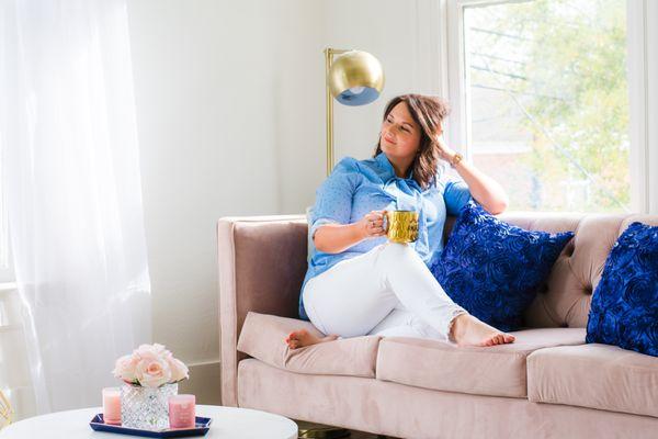 Maggie Dickens, LPC-S | Anxiety and Responsible Child Healing Expert | Sits on the therapy couch with a cup of coffee