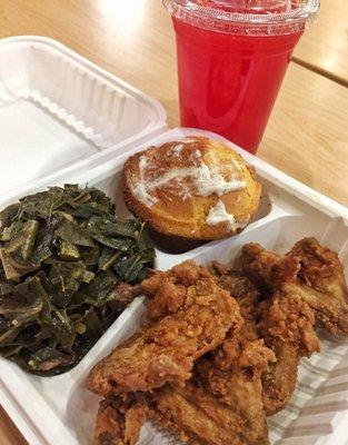 $9 lunch special. Fried chicken had citrus so diff but not crunchy. Bones fall apart tho. Liked the greens. Corn bread too dry.