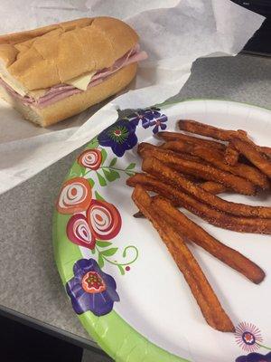 Ham and cheese sandwich and sweet potato fries