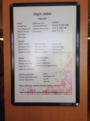 Kay's Salon Prices. These are old prices. The price have been updated.