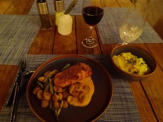 Walnut crusted salmon and garlic mashed potatoes.