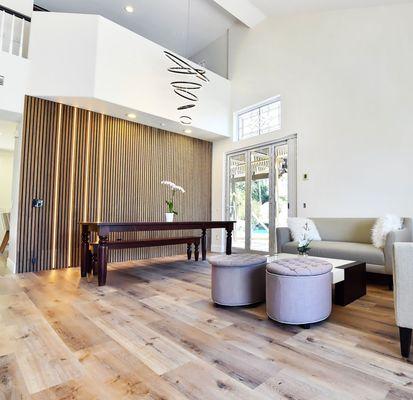 Living Room (Acoustic wood panel with Led strip light, electrical work, new floor (Luxury vinyl plank) paint.