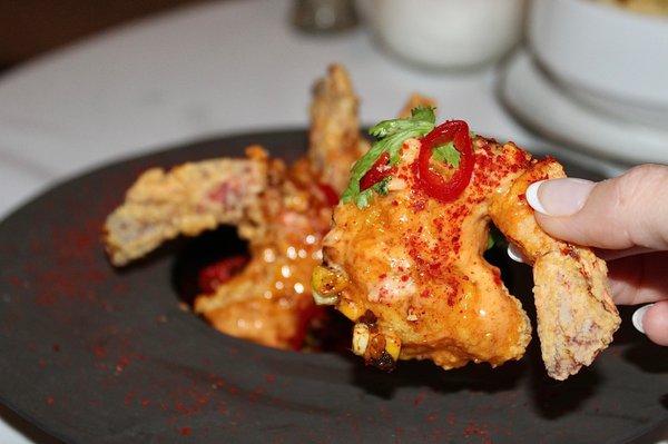 The Camaron Frito was made with crispy fried shrimp, corn relish, pickled red chili mayo, lime & cilantro.