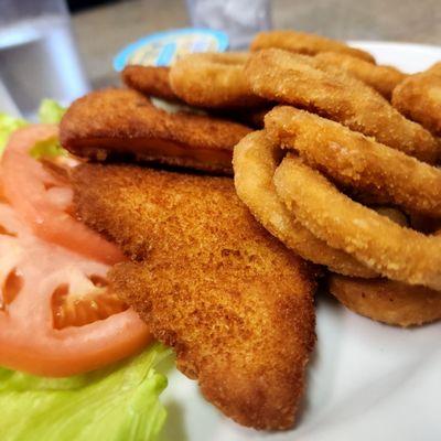 Fish and chips but substituted chips for onion rings