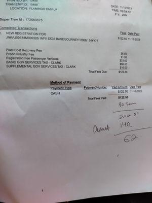 How much DMV charged, and how much more I paid.