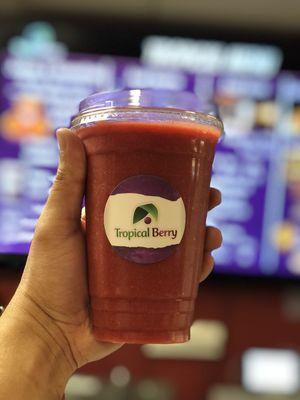 TropCane Berry Smoothie: Fresh squeezed sugarcane juice blended with frozen strawberries. No ice or sugar added.