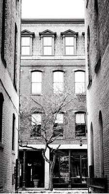 Alley across from the Duo Restaurant that leads to the ground level of the Hooker Dunham Building, where The studio is located.
