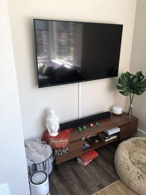 60" Vizio with wall bracket mount. took about 90 mins, drilling into metal plates, but the final product is b-e-a-utiful.