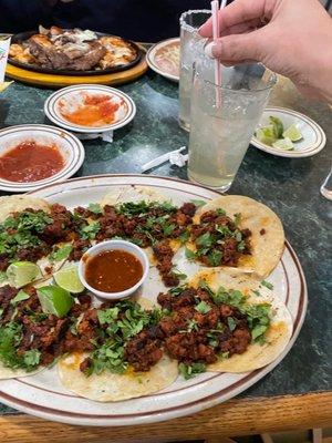 The chorizo street tacos and the classic house marg