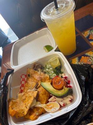 Barbacoa quesadilla? Pineapple mango aqua Fresca.