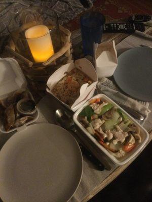 Takeout jumbo shrimp fried rice w/ steamed white rice, moo goo gai pan, & pan fried dumplings