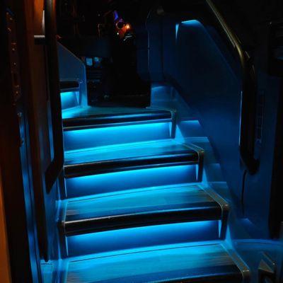 This is the color of the mood lights for the interior of the motorcoaches .
