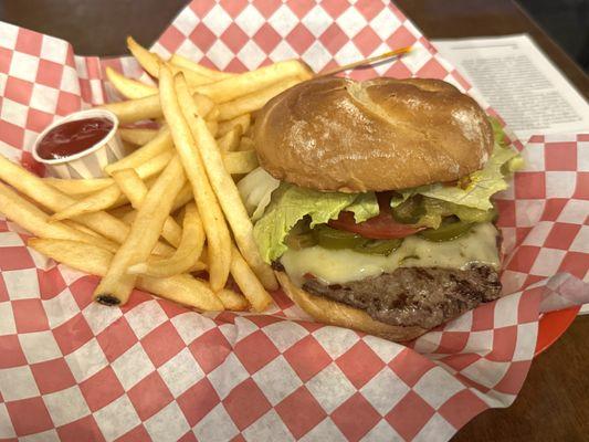 Spicy cheeseburger, fries included.