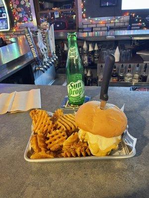 Cheese curd Burger, waffle fries and a sundrop