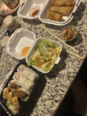 Shrimp Tempura, Crunchy Roll, 3 big piece pork Egg roll!!