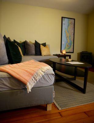 Our one bedroom guest house can accommodate extra humans comfortably. Living room with custom sleeper sofas, local art, books and netlfix.