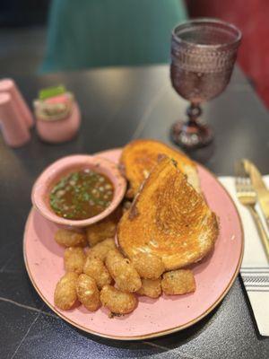Birria Sandwich with tater tots
