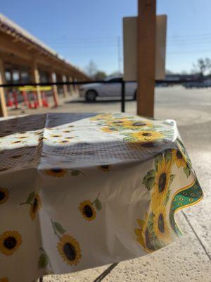 Table outside with sunshine in the morning.