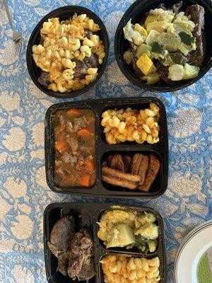 Jerk chicken, Latin veggies, mac & cheese, beef stew, maduro