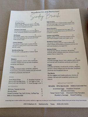 Sunday brunch menu