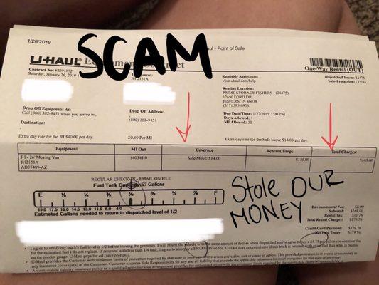 UN-itemized Receipt from U-Haul Truck Rental.