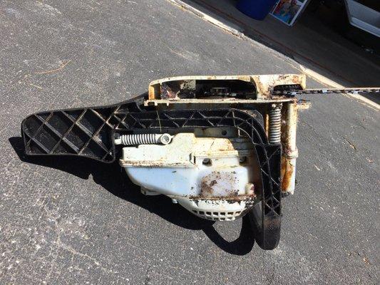 Stihl chainsaw after returned by Wohlfeil's of Saginaw MI from their $120 maintenance work.